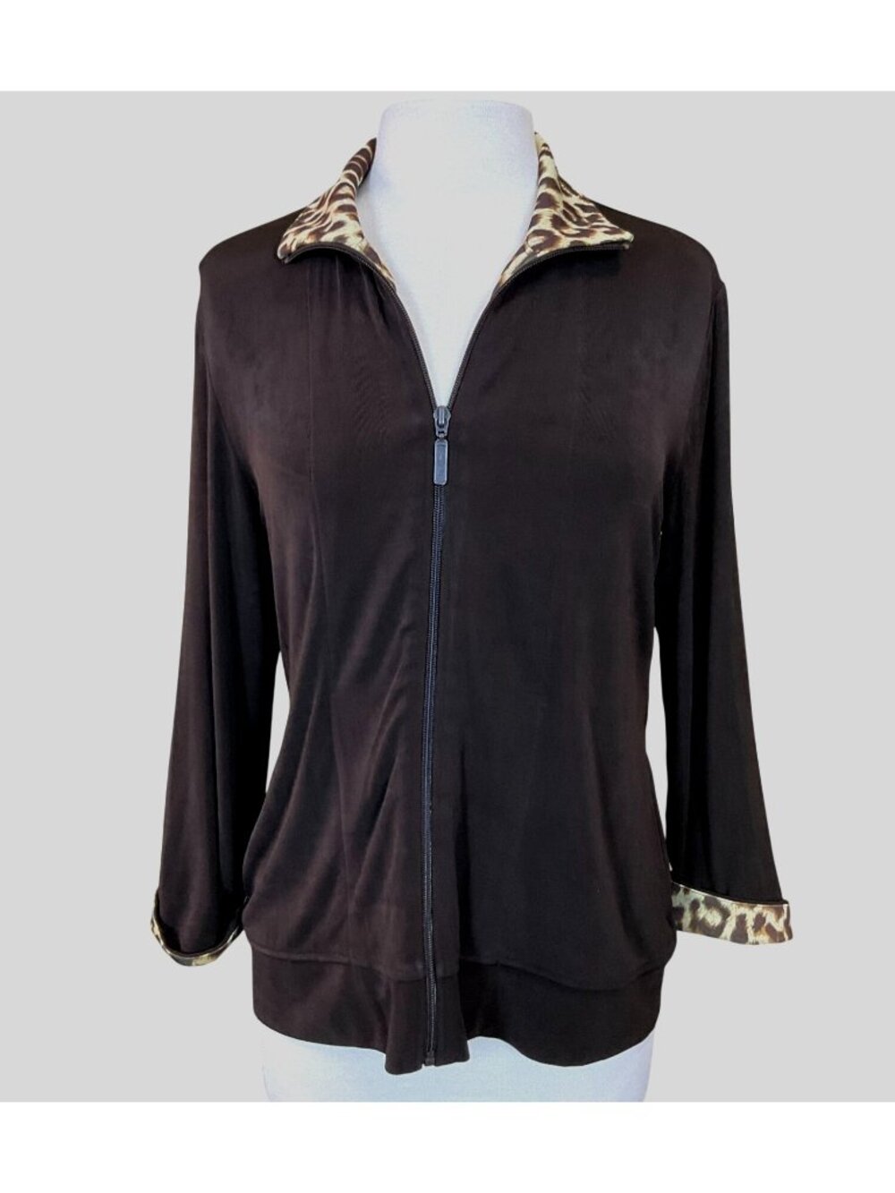 Chicos Travelers Zip Front Excursion Mila Jacket Cocoa Leopard Print Trim M